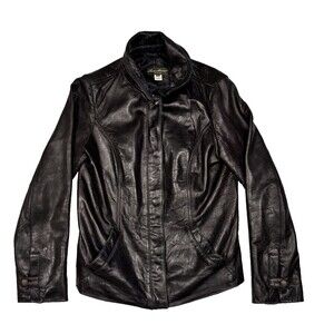 Eddie Bauer Women Soft Lamb Leather Full Zip Jacket Black size small grunge 90's